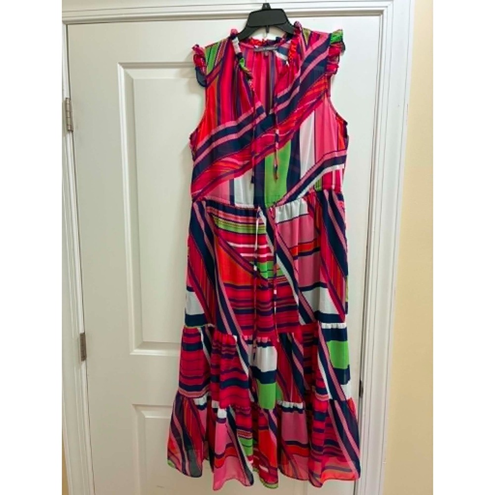 Julia Jordan Womens 14 Colorblock Stripe Maxi Dress Ruffle Overlay Tie Sleeveles
